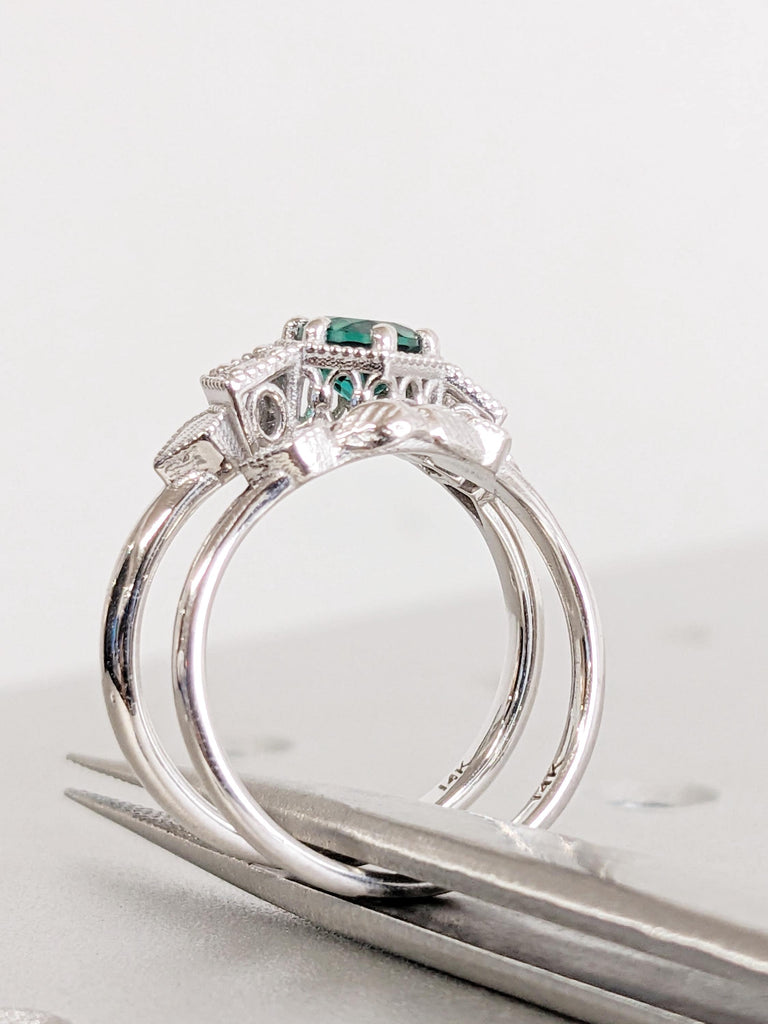 Vintage Emerald Wedding Ring Set: 14K White Gold Ring, Bridal Jewelry