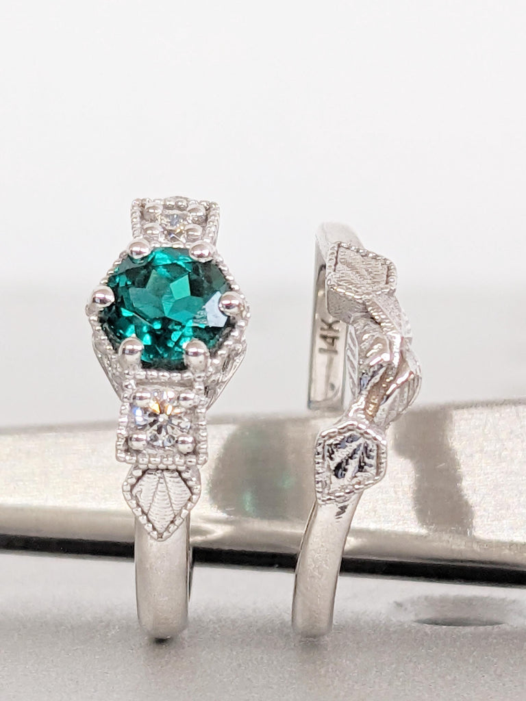 Vintage Emerald Wedding Ring Set: 14K White Gold Ring, Bridal Jewelry