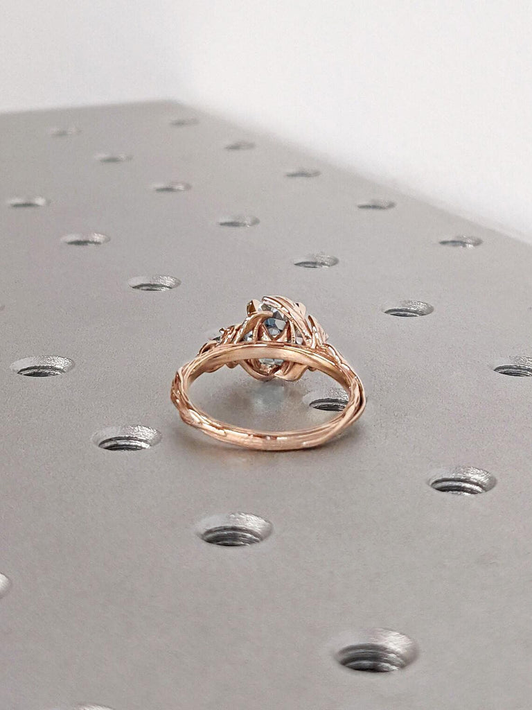 Old Miner cut Round VVS Moissanite Engagement Ring | 14k Rose Gold Hand Engrave Twig and Leaf