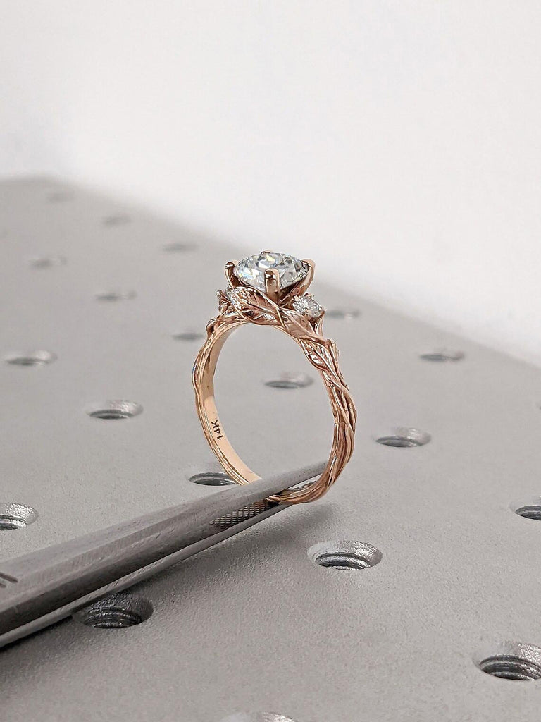 Twig Engagement Ring | 14k Rose Gold Leaf Ring, 1 Carat Round Moissanite