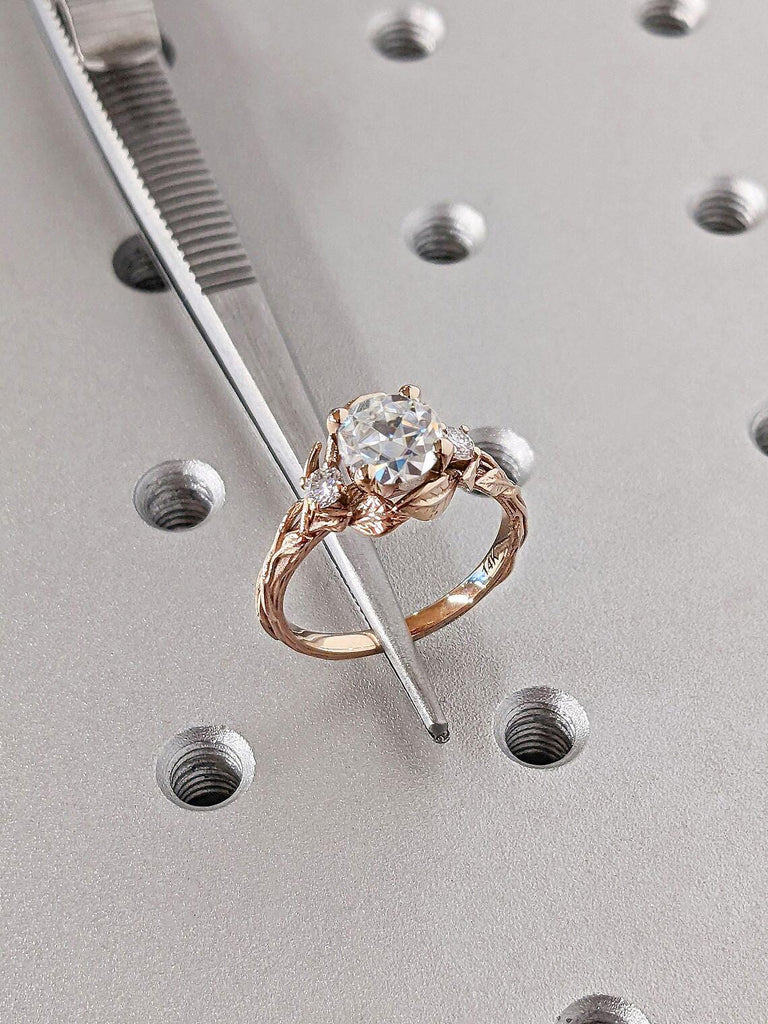 Vintage Old Miner cut 1 Carat Moissanite Engagement Ring | 14k Rose Gold Leaf Nature Inspired Ring | Women Bridal Ring