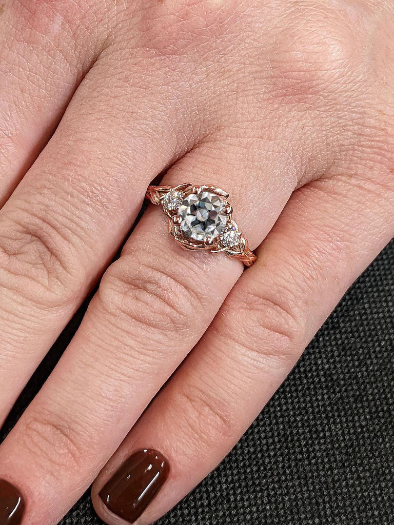 Unique Rose Gold Vine Moissanite Promise Ring | Old Mine-cut Round Moissanite Nature Inspired Engagement Ring | Twig & Leaf Wedding Ring