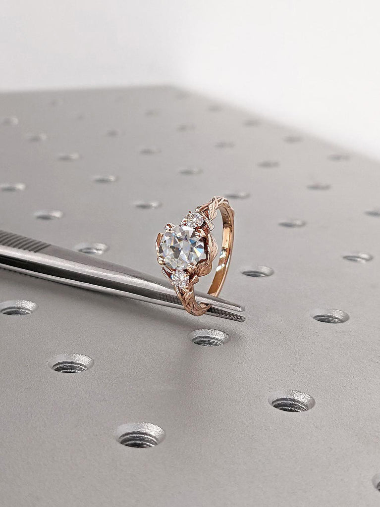 Unique Rose Gold Vine Moissanite Promise Ring | Old Mine-cut Round Moissanite Nature Inspired Engagement Ring | Twig & Leaf Wedding Ring