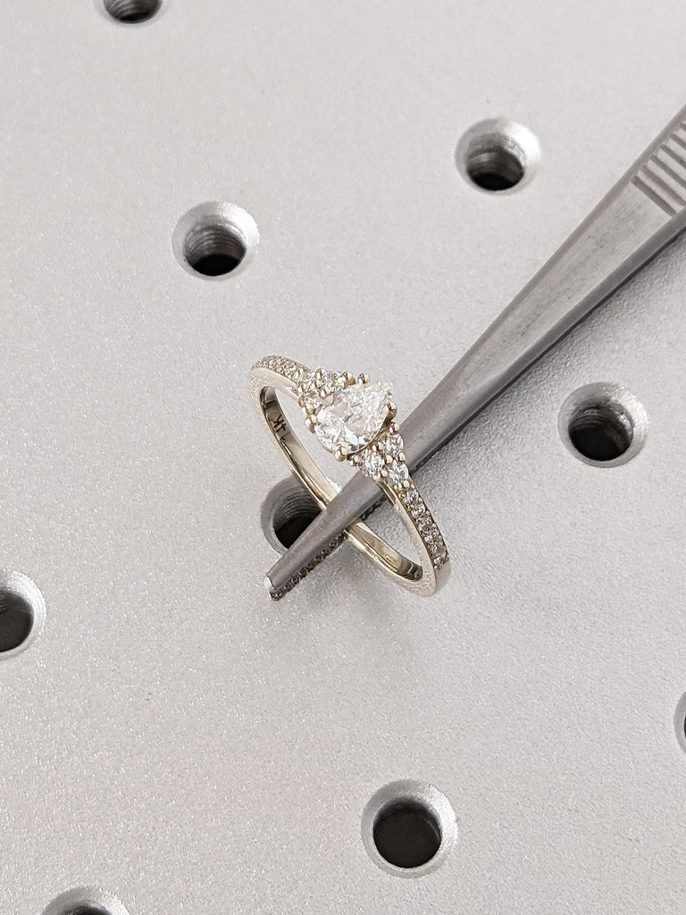 Elegant Pear Cut Moissanite Engagement Ring, 14K Solid White Gold Teardrop Moissanite Cluster Ring, Thin Pavé White Diamond Wedding Band