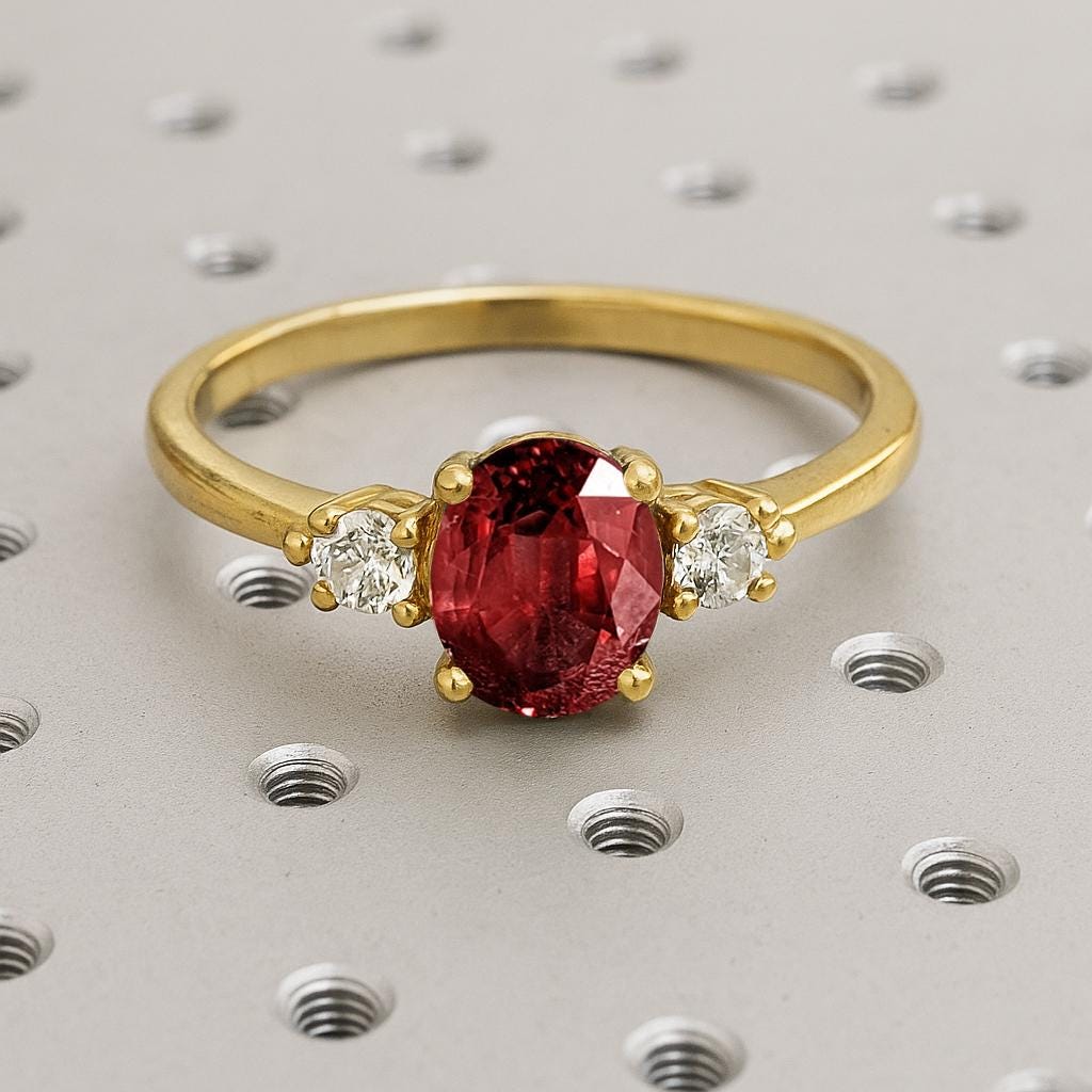 Oval Cut Ruby Engagement Ring, 14k Yellow Gold Ring, Diamond