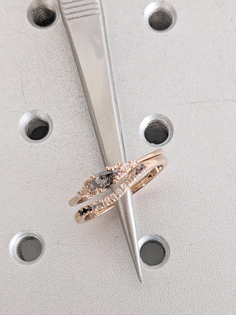 Salt and Pepper Diamond Engagement Ring Set, 14k Gold Rose Gold, Curved Stackable Ring