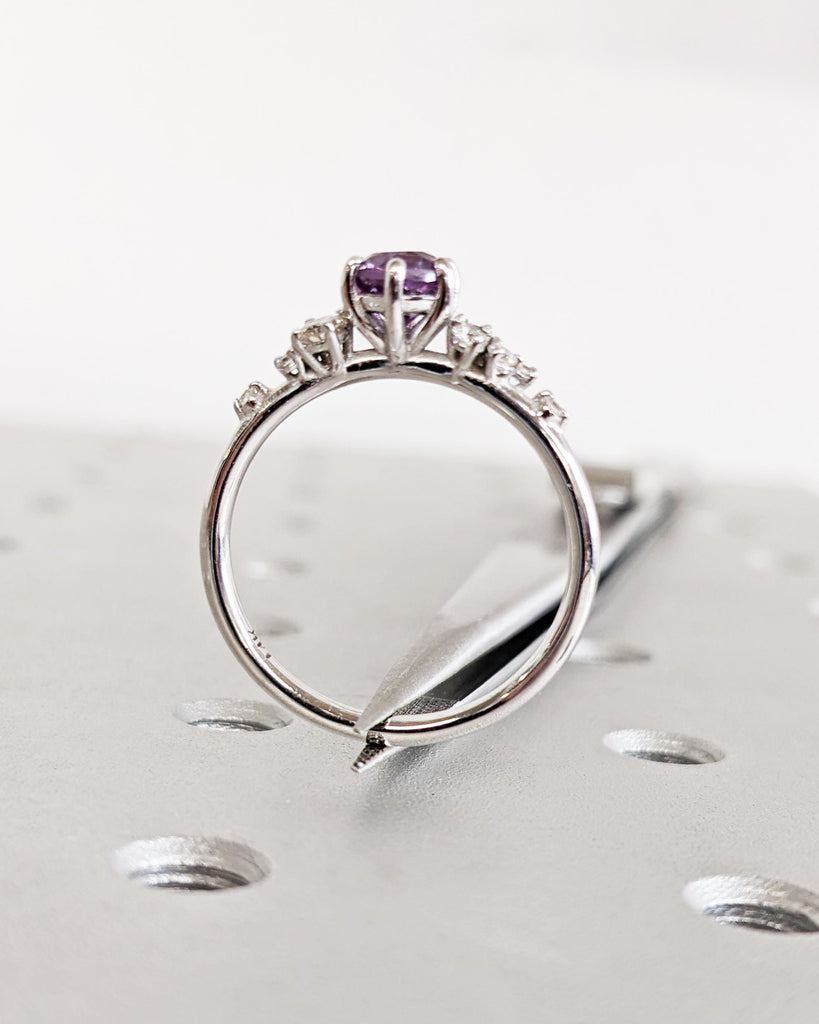 Vintage Round cut Alexandrite Engagement Ring | 14K White Gold Ring | Unique Snowdrift Diamond Cluster Promise Ring | Wedding Ring for Her