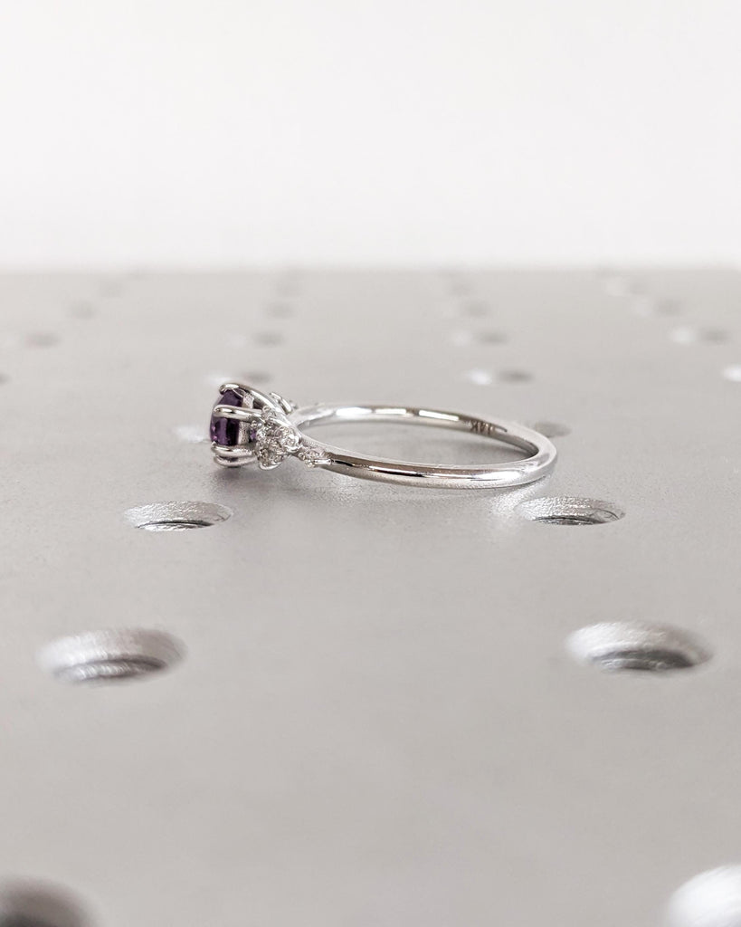 Vintage Round cut Alexandrite Engagement Ring | 14K White Gold Ring | Unique Snowdrift Diamond Cluster Promise Ring | Wedding Ring for Her