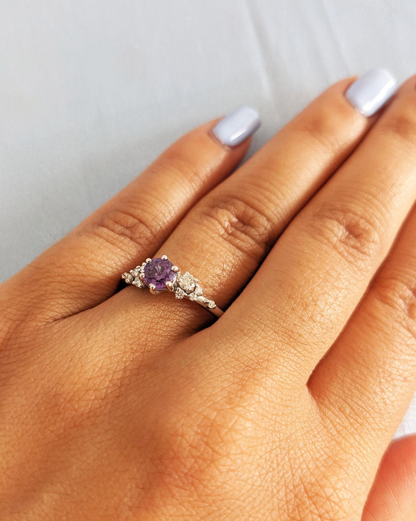 Vintage Round cut Alexandrite Engagement Ring | 14K White Gold Ring | Unique Snowdrift Diamond Cluster Promise Ring | Wedding Ring for Her