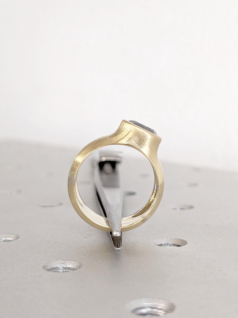 14K Yellow Gold Salt and Pepper Diamond Engagement Ring | Bezel Set Unique Wedding Ring | Rustic Modern Solitaire Alternative Bridal Jewelry