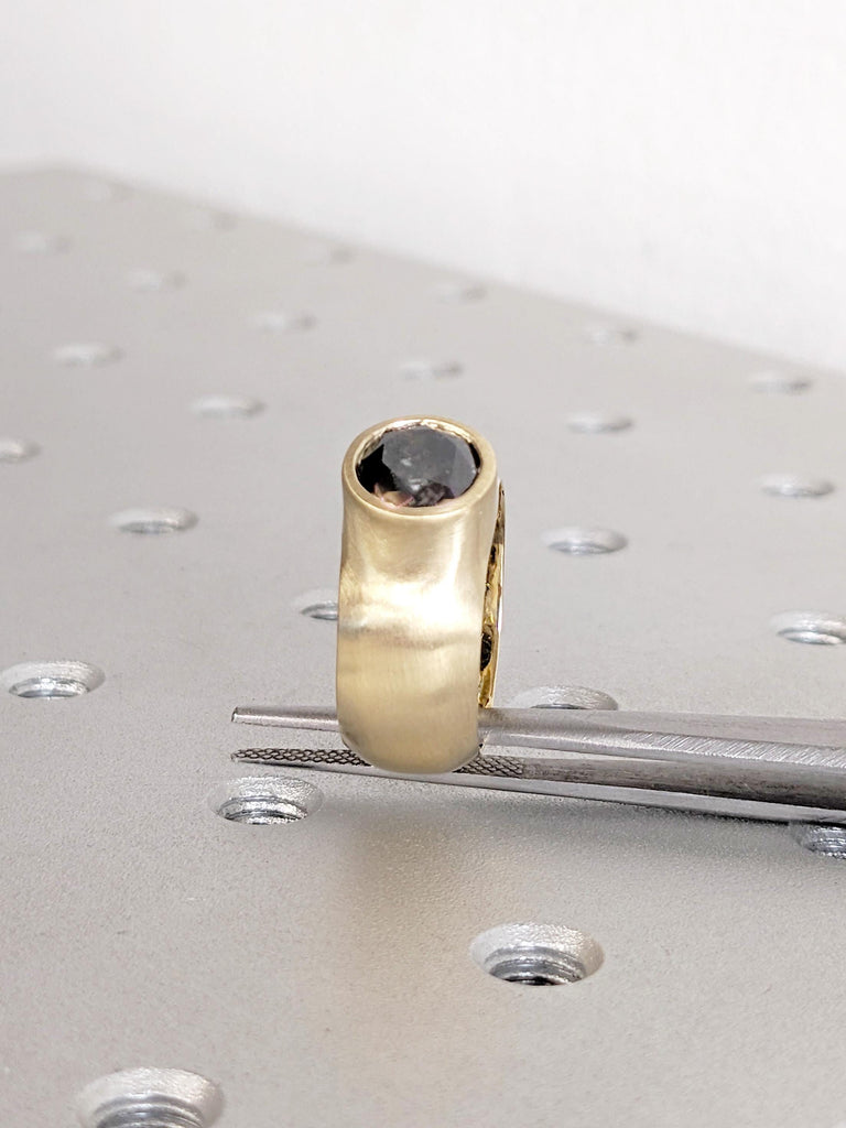 14K Yellow Gold Salt and Pepper Diamond Engagement Ring | Bezel Set Unique Wedding Ring | Rustic Modern Solitaire Alternative Bridal Jewelry