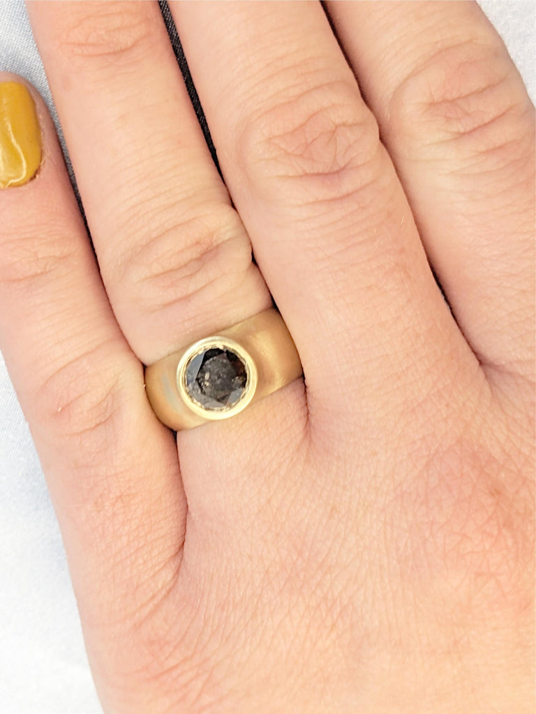14K Yellow Gold Salt and Pepper Diamond Engagement Ring | Bezel Set Unique Wedding Ring | Rustic Modern Solitaire Alternative Bridal Jewelry