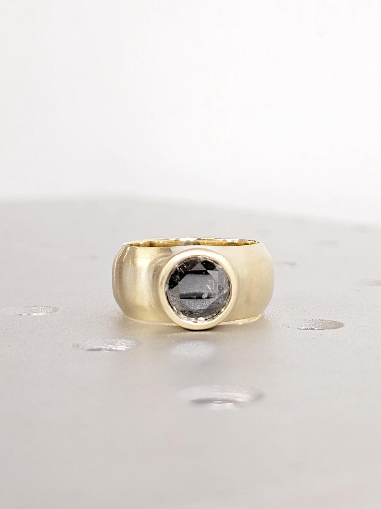 14K Yellow Gold Salt and Pepper Diamond Engagement Ring | Bezel Set Unique Wedding Ring | Rustic Modern Solitaire Alternative Bridal Jewelry