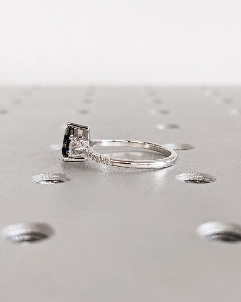 Pear Salt and Pepper Diamond Engagement Ring | Three Diamond Ring | Trillion Ring | White Gold Engagement Ring | Unique Promise Ring for Her
