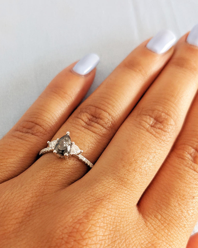 Pear Salt and Pepper Diamond Engagement Ring | Three Diamond Ring | Trillion Ring | White Gold Engagement Ring | Unique Promise Ring for Her