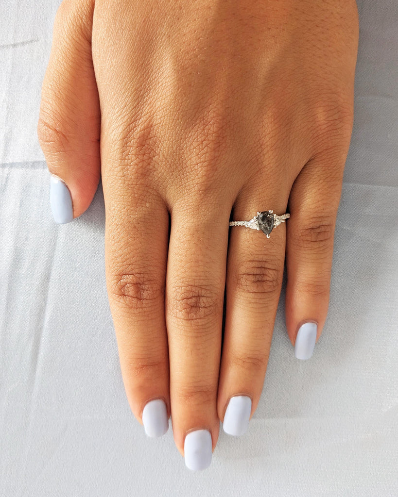 Pear Salt and Pepper Diamond Engagement Ring | Three Diamond Ring | Trillion Ring | White Gold Engagement Ring | Unique Promise Ring for Her