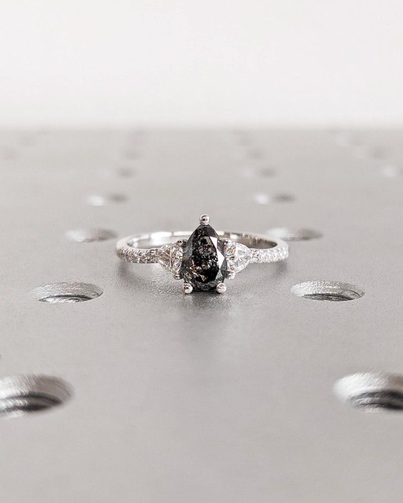 Pear Salt and Pepper Diamond Engagement Ring | Three Diamond Ring | Trillion Ring | White Gold Engagement Ring | Unique Promise Ring for Her