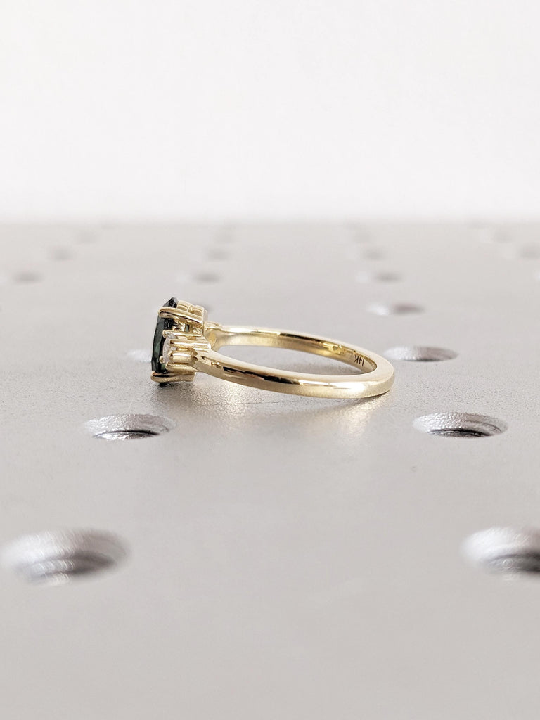 1ct Green Sapphire Ring, 14k Yellow Gold Engagement Ring, Gemstone Ring, Oval Ring, Three Stone Sapphire and Diamond Ring, Birthstone Ring