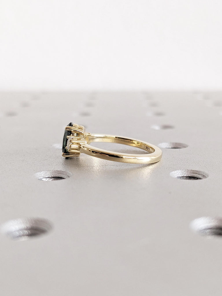 Natural Sapphire Engagement Ring, 14k Solid Gold Ring, Diamond and Green Sapphire Ring