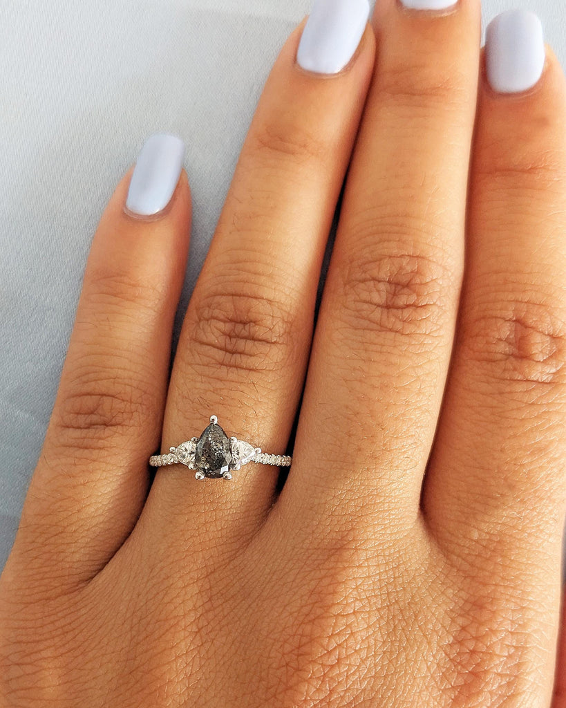 Pear Salt and Pepper Diamond Engagement Ring: Trillion Cut & Pear Diamond Ring | 18K White Gold Promise Ring | Vintage Wedding Ring