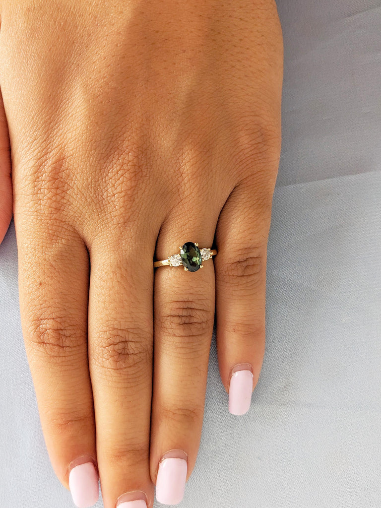 1ct Green Sapphire Ring, 14k Yellow Gold Engagement Ring, Gemstone Ring, Oval Ring, Three Stone Sapphire and Diamond Ring, Birthstone Ring