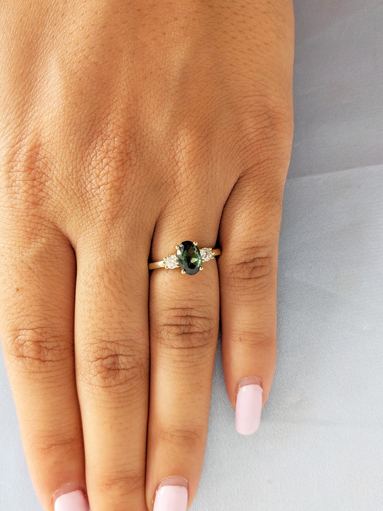 1ct Green Sapphire Ring, 14k Yellow Gold Engagement Ring, Gemstone Ring, Oval Ring, Three Stone Sapphire and Diamond Ring, Birthstone Ring