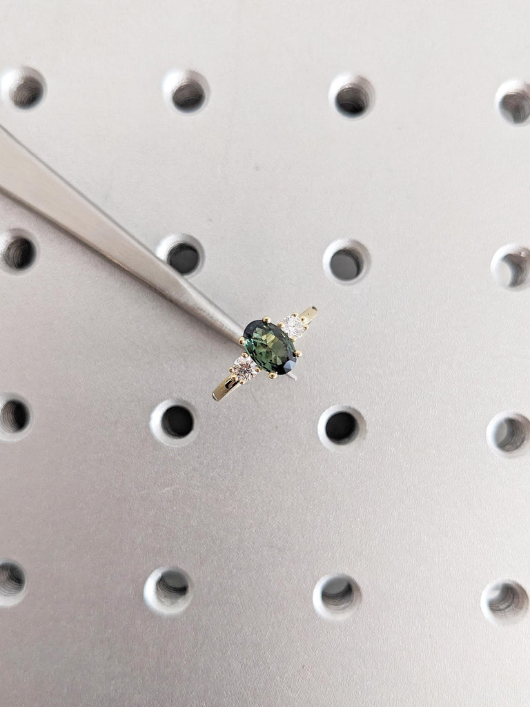 1ct Green Sapphire Ring, 14k Yellow Gold Engagement Ring, Gemstone Ring, Oval Ring, Three Stone Sapphire and Diamond Ring, Birthstone Ring