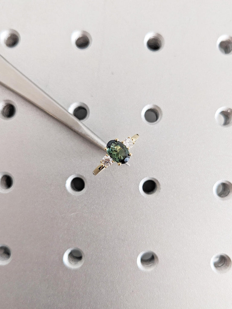 Natural Sapphire Engagement Ring, 14k Solid Gold Ring, Diamond and Green Sapphire Ring