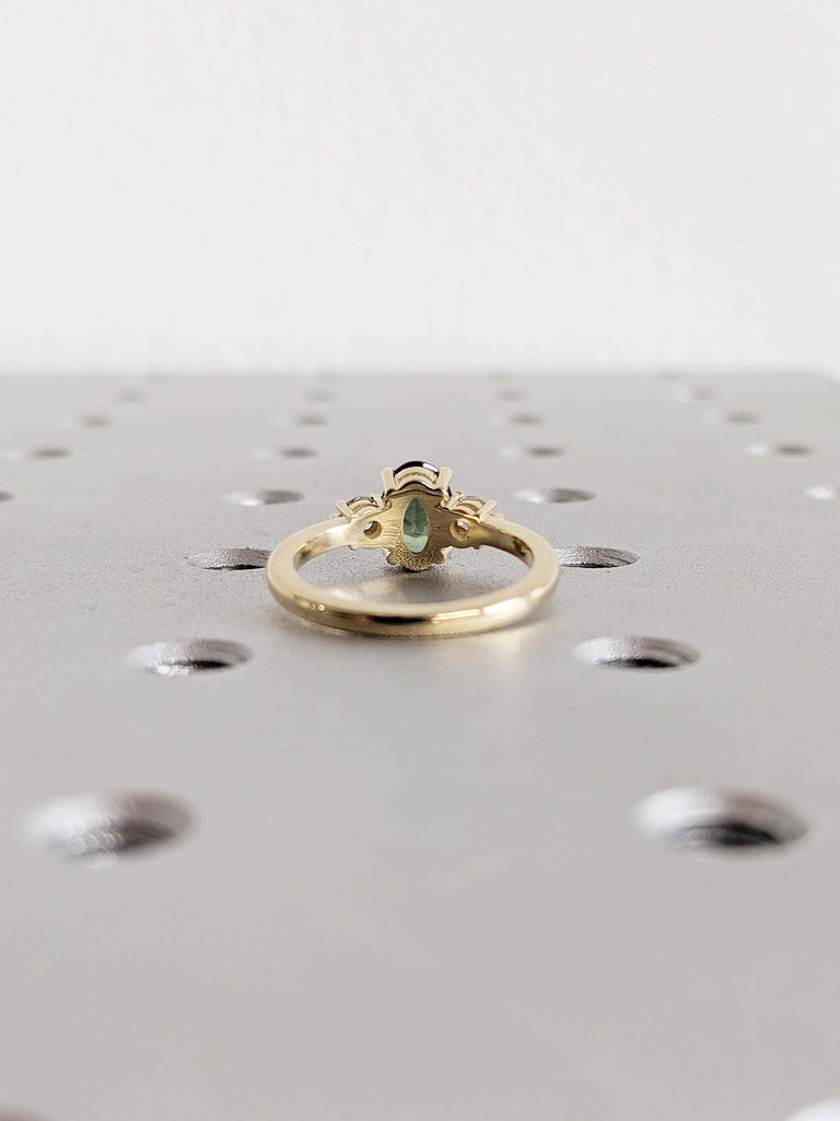 1ct Green Sapphire Ring, 14k Yellow Gold Engagement Ring, Gemstone Ring, Oval Ring, Three Stone Sapphire and Diamond Ring, Birthstone Ring