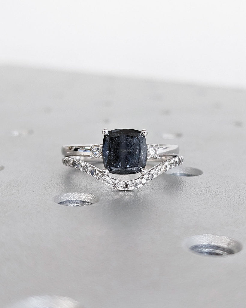 Vintage Wedding Ring Set | Cushion Cut Salt and Pepper Diamond Engagement Ring Set with Matching Curved Diamond Band | 18K White Gold
