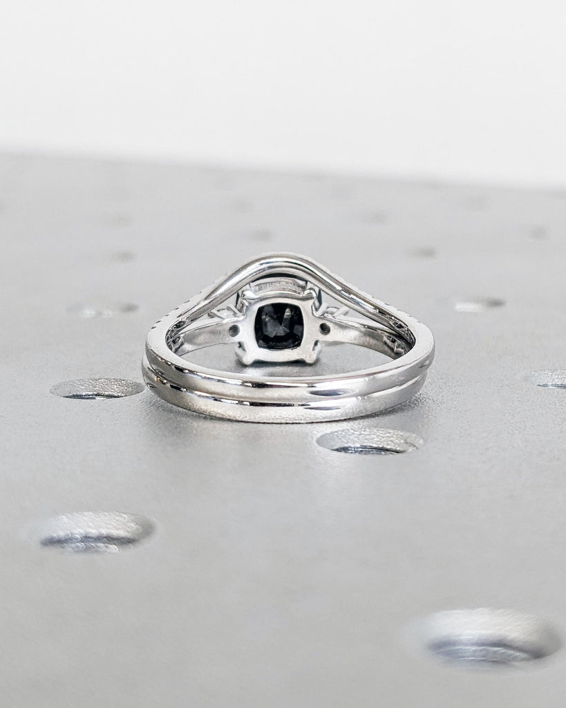 Vintage Wedding Ring Set | Cushion Cut Salt and Pepper Diamond Engagement Ring Set with Matching Curved Diamond Band | 18K White Gold