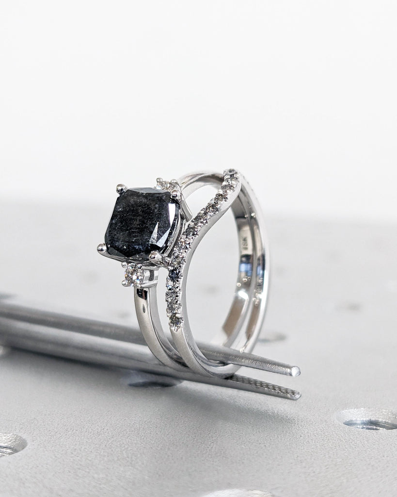 Salt and Pepper Diamond Cushion Ring Set / Salt and Pepper Diamond Vintage Engagement Ring Set 18K White Gold / Vintage Cushion Diamond Ring