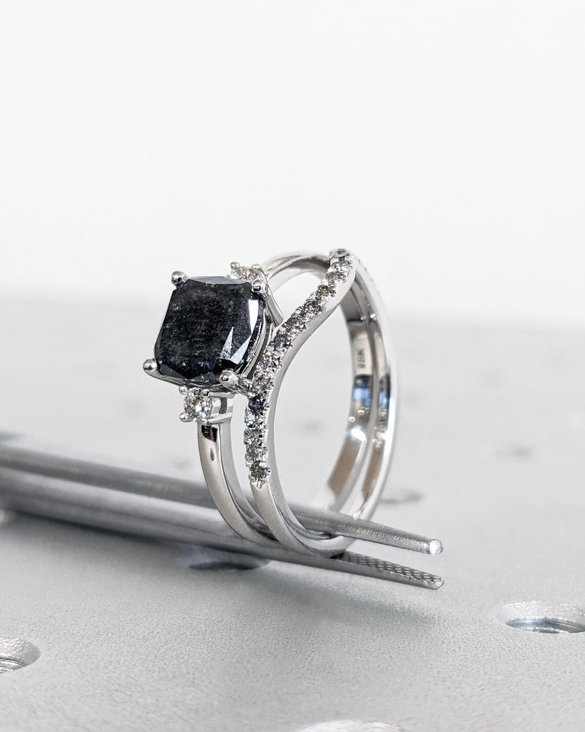 Vintage Wedding Ring Set | Cushion Cut Salt and Pepper Diamond Engagement Ring Set with Matching Curved Diamond Band | 18K White Gold