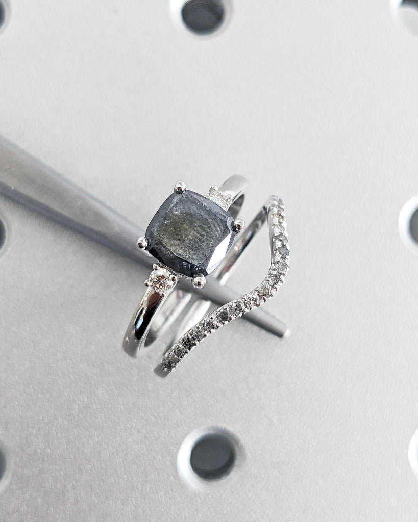 Salt and Pepper Diamond Cushion Ring Set / Salt and Pepper Diamond Vintage Engagement Ring Set 18K White Gold / Vintage Cushion Diamond Ring