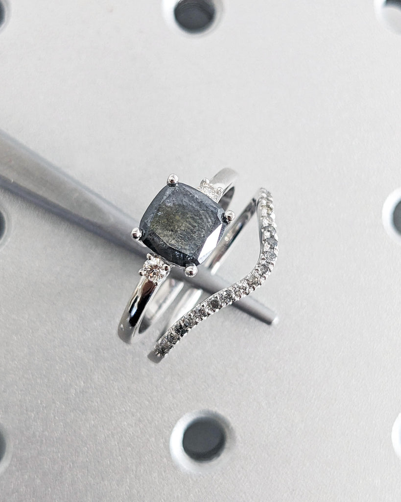 Vintage Wedding Ring Set | Cushion Cut Salt and Pepper Diamond Engagement Ring Set with Matching Curved Diamond Band | 18K White Gold