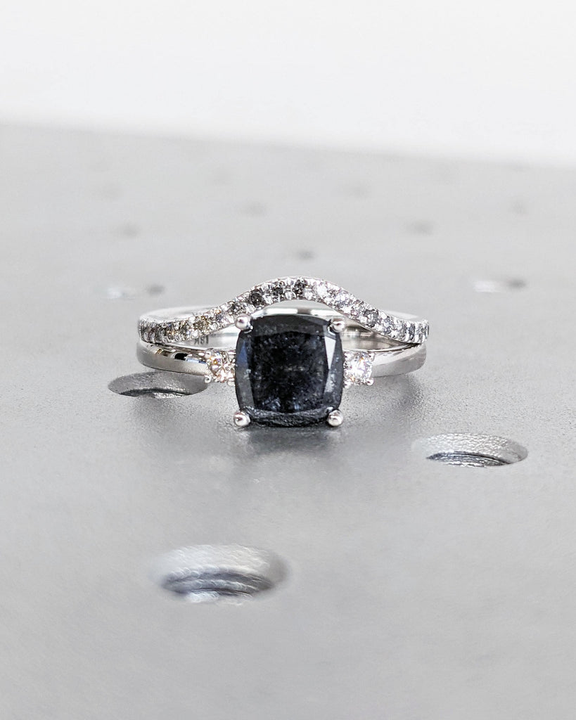 Salt and Pepper Diamond Cushion Ring Set / Salt and Pepper Diamond Vintage Engagement Ring Set 18K White Gold / Vintage Cushion Diamond Ring