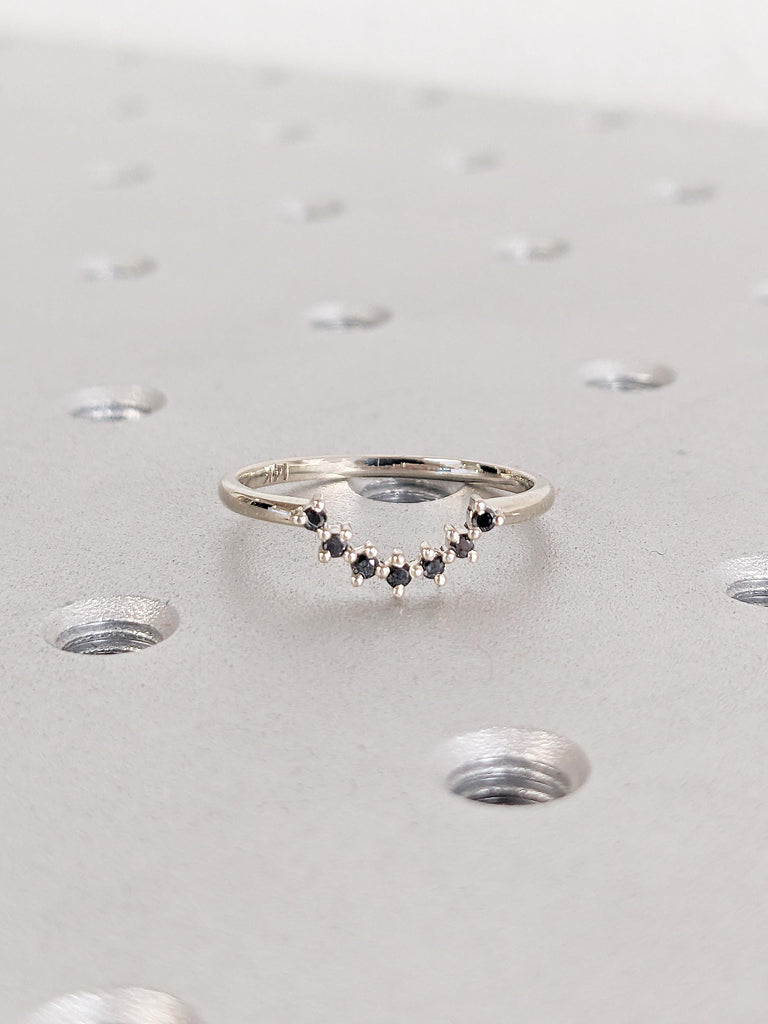 Black Diamond Band, Curved 14k White Gold Stacking Ring, Unique Wedding Band