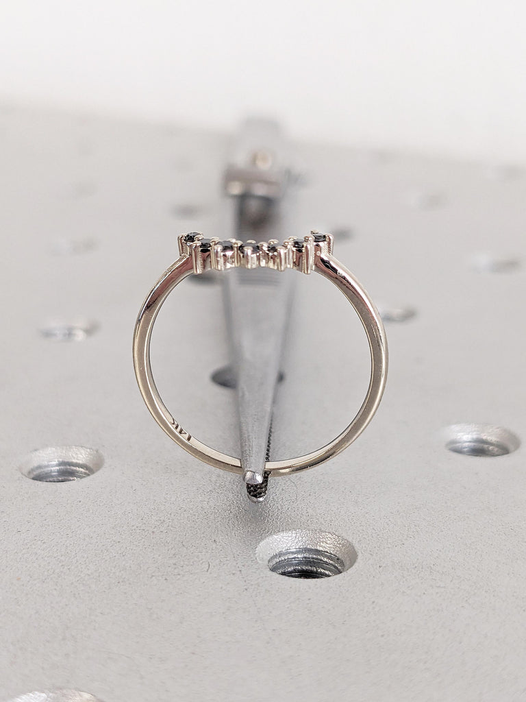 Black Diamond Band, Curved 14k White Gold Stacking Ring, Unique Wedding Band