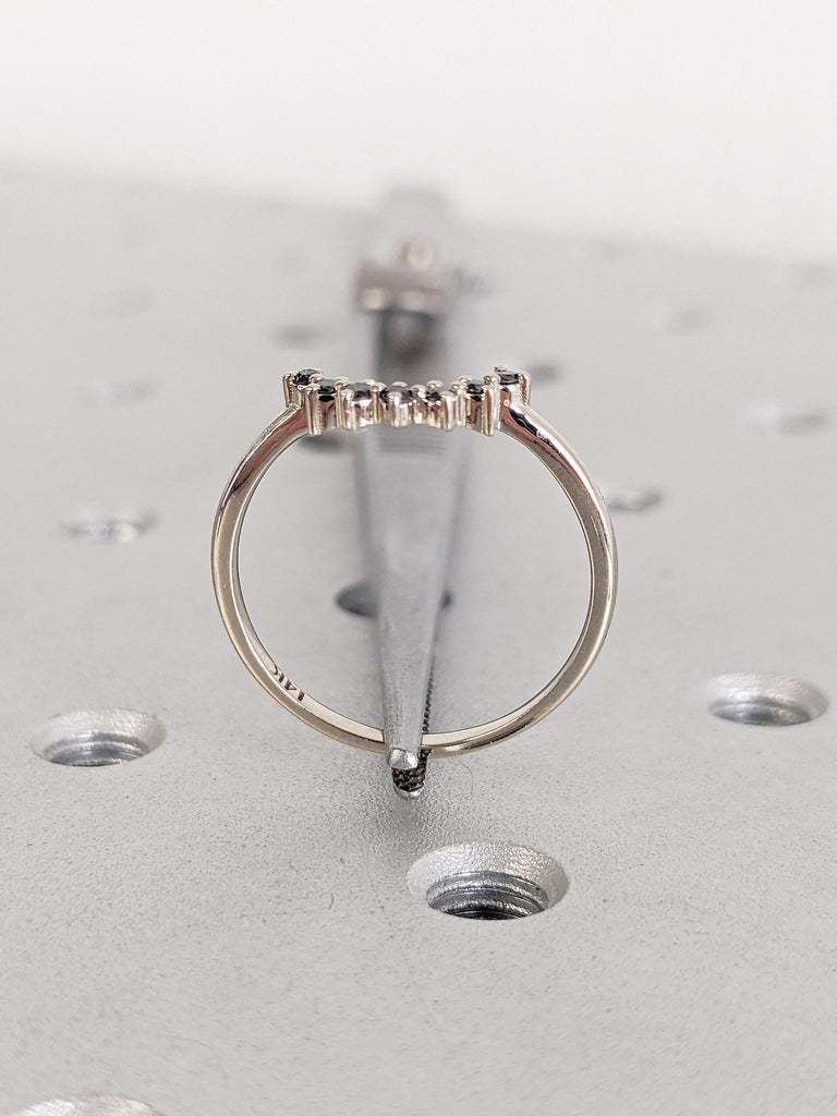 Curved Wedding Band, 14k White Gold Ring, Anniversary Band, Vintage Wedding Band, Black Diamond Ring for Women, Personalized Wedding Ring