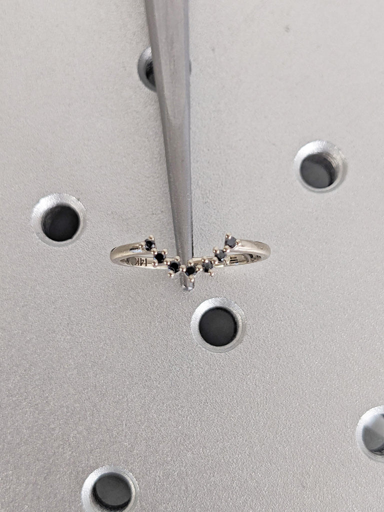 Black Diamond Band, Curved 14k White Gold Stacking Ring, Unique Wedding Band
