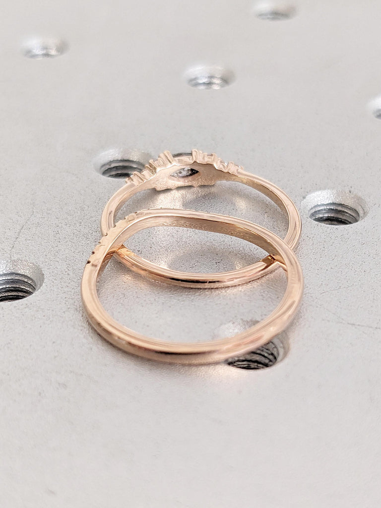 Marquise Cut Salt and Pepper Diamond Engagement Ring Set, 14K Rose Gold Ring, Curved Matching Ring, Minimalist Ring, Promise Ring For Her