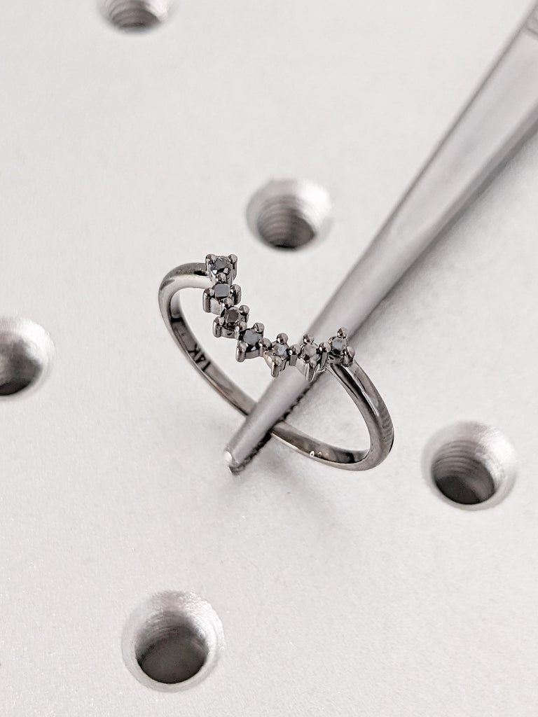 14k Black Gold Ring, Curved Diamond