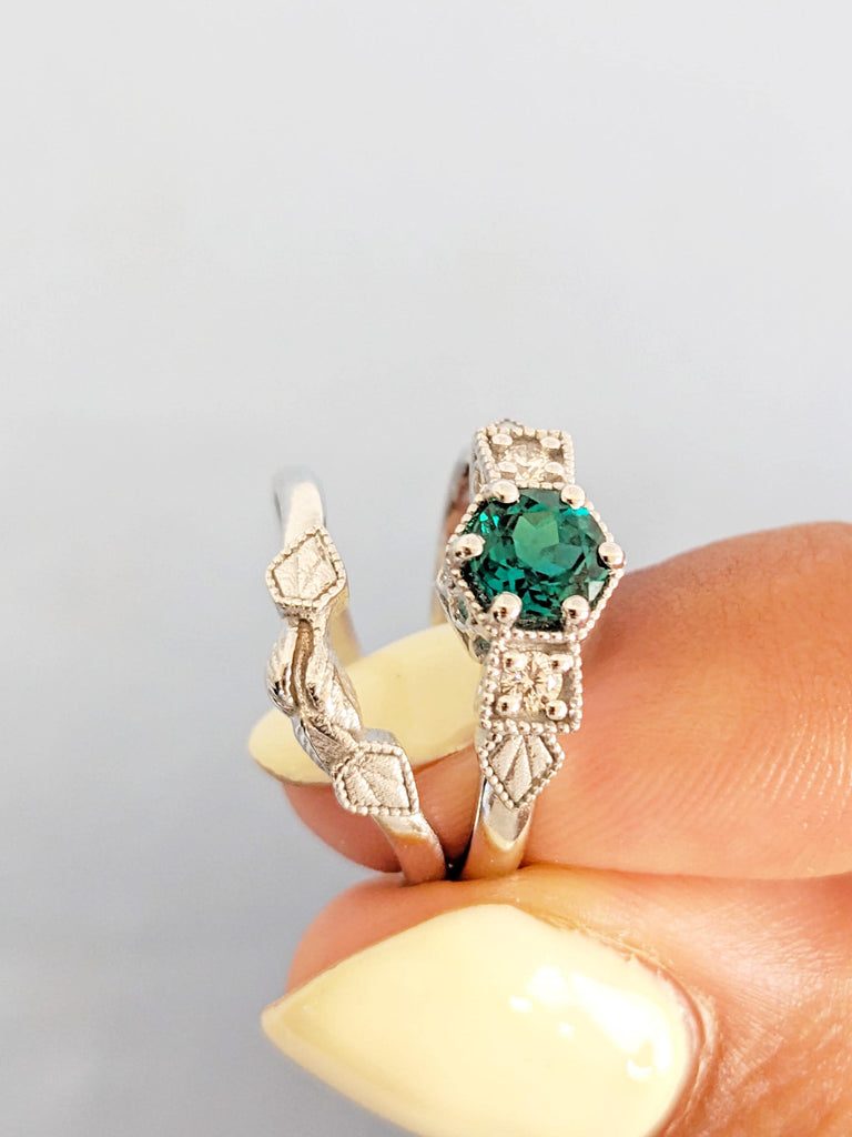 Vintage Emerald Wedding Ring Set: 14K White Gold Ring, Bridal Jewelry