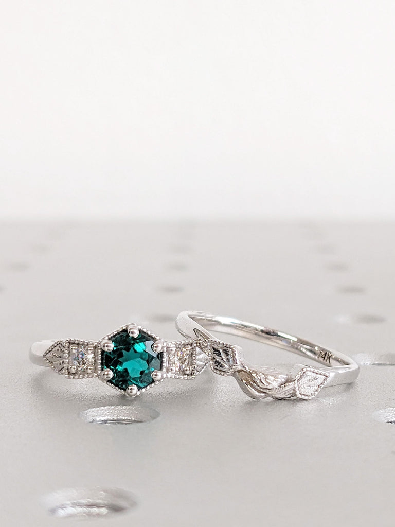 Emerald Engagement Ring Set, Vintage Emerald Wedding Ring, May Birthstone Bridal Jewelry