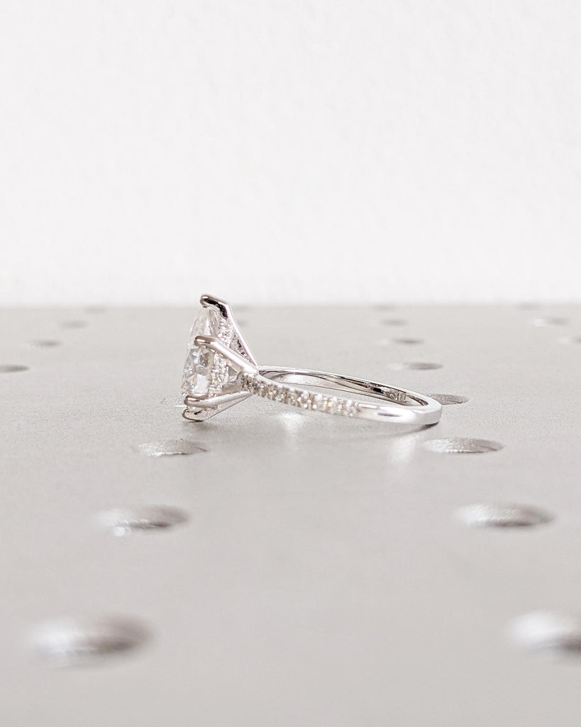 Pear Shaped Moissanite Engagement Ring / Teardrop Solitaire Promise Ring / 14K White Gold Hidden Halo Half Eternity Ring / 1.6mm Dainty Band