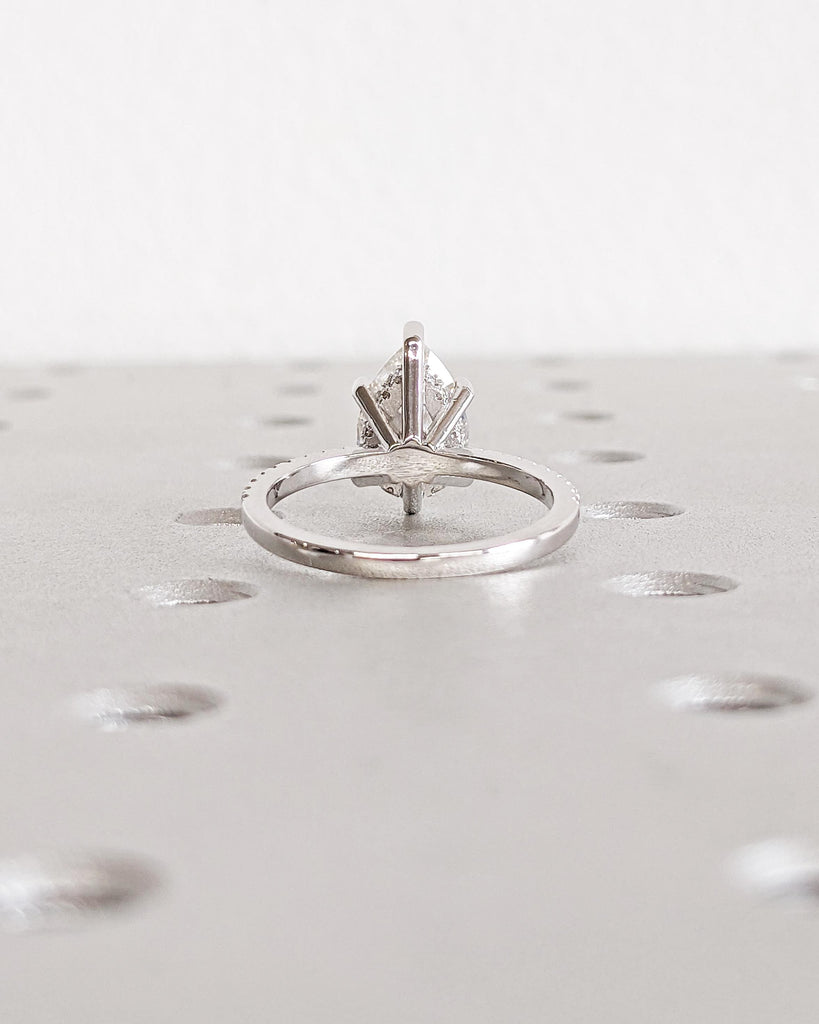 Pear Cut Moissanite Engagement Ring: Solitaire Moissanite with Hidden Halo, Half Eternity Pave Band, 1.6mm Thin Dainty Ring, 14K White Gold
