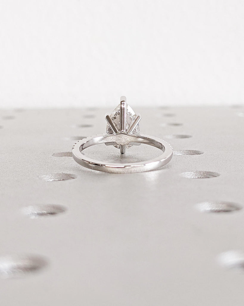 Pear Shaped Moissanite Engagement Ring / Teardrop Solitaire Promise Ring / 14K White Gold Hidden Halo Half Eternity Ring / 1.6mm Dainty Band
