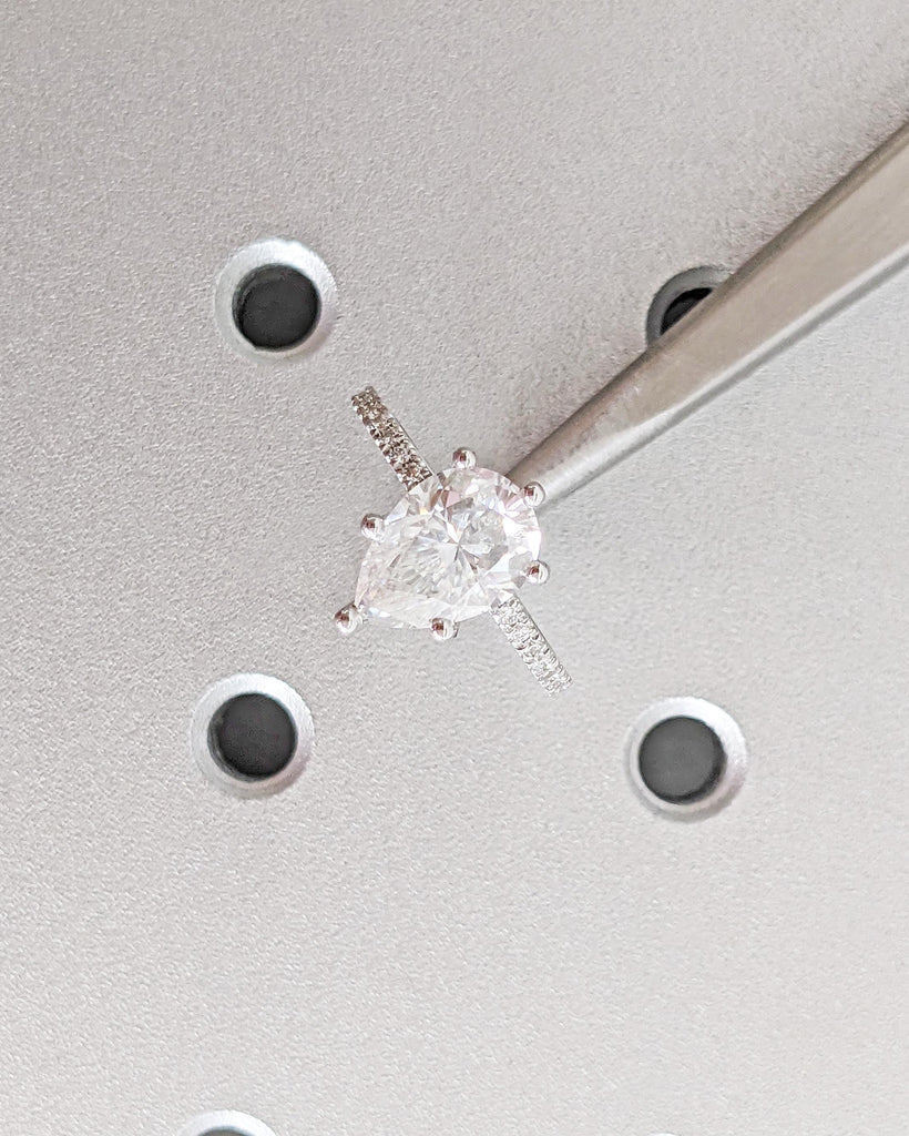 Pear Cut Moissanite Engagement Ring: Solitaire Moissanite with Hidden Halo, Half Eternity Pave Band, 1.6mm Thin Dainty Ring, 14K White Gold