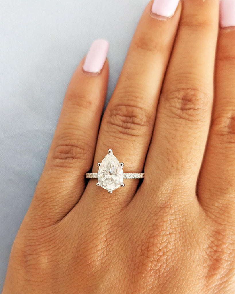 Pear Shaped Moissanite Engagement Ring / Teardrop Solitaire Promise Ring / 14K White Gold Hidden Halo Half Eternity Ring / 1.6mm Dainty Band