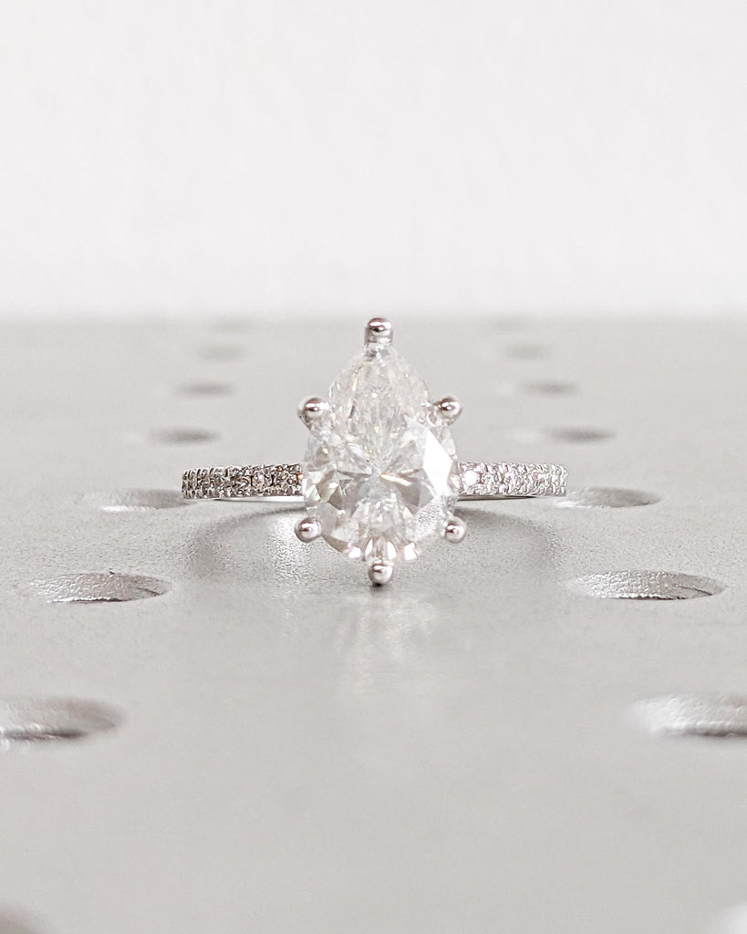 Pear Cut Moissanite Engagement Ring: Solitaire Moissanite with Hidden Halo, Half Eternity Pave Band, 1.6mm Thin Dainty Ring, 14K White Gold